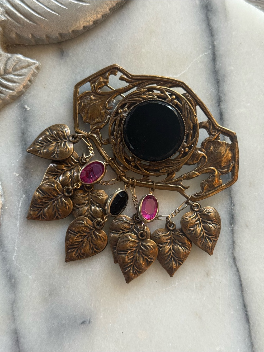 Antique-Style Brass Leaf Drop Brooch with Black and Pink Accents